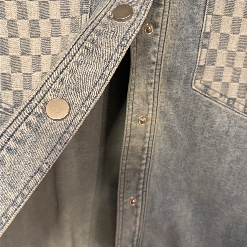 ANNIEWEAR Light Wash Denim Shirt with Checker Sleeves - Picture 6 of 8